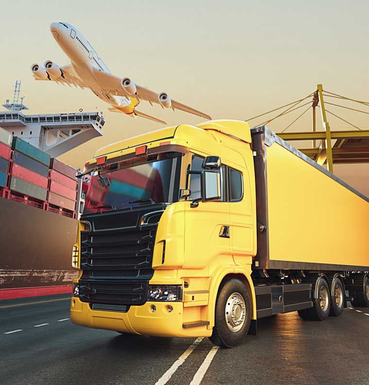 A yellow articulated lorry on a dockside road, with a cargo aircraft overhead