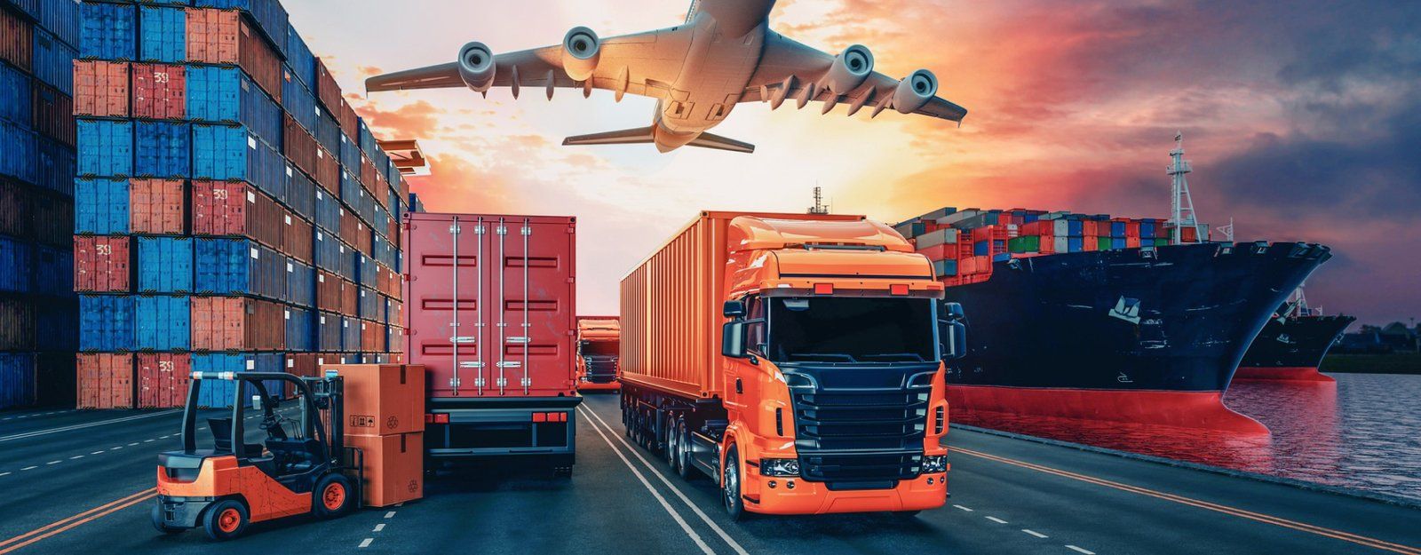 A haulage truck, a forklift, a cargo aircraft and a container ship at a port at sunset