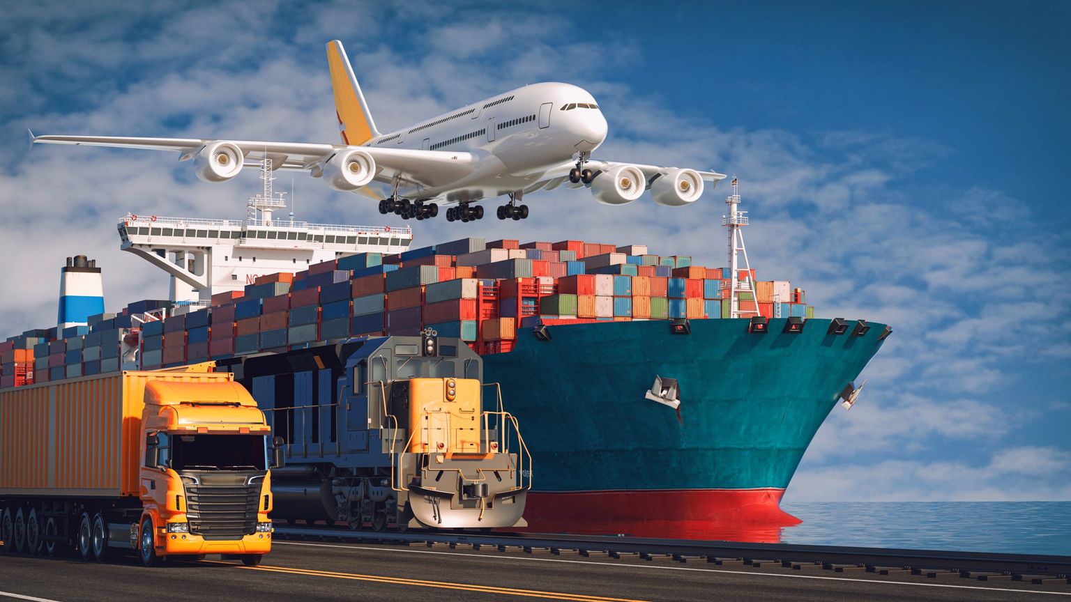 A lorry, a freight train, a container ship and a passenger aircraft at a port