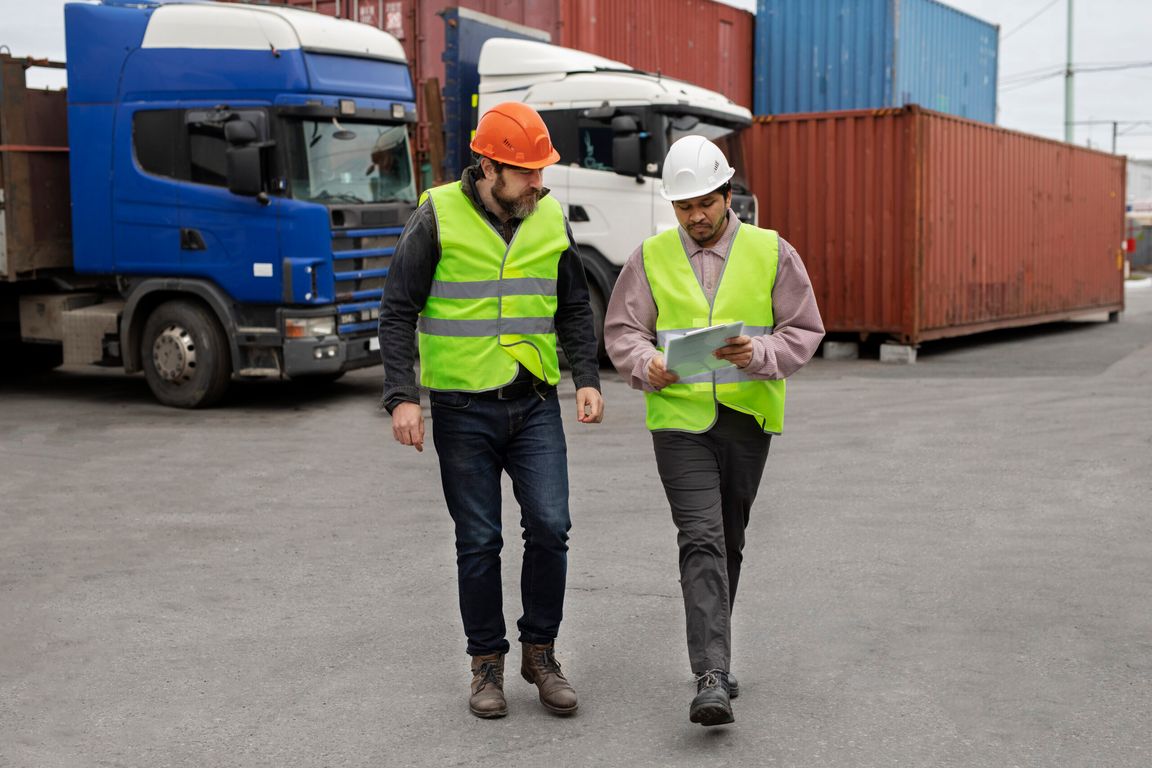 Two workers in hard hats and high-visibility vests