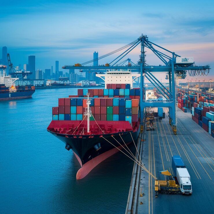 Colourful shipping containers being loaded at a port terminal
