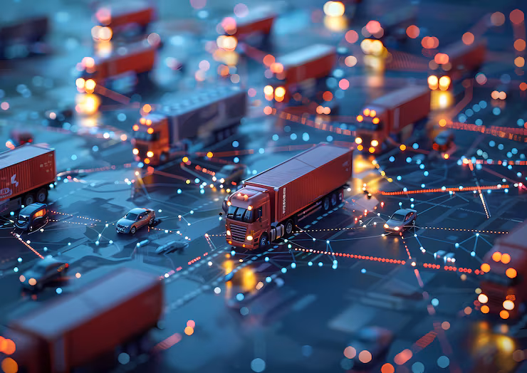 Freight vehicles overlaid with a digital shipment-tracking interface