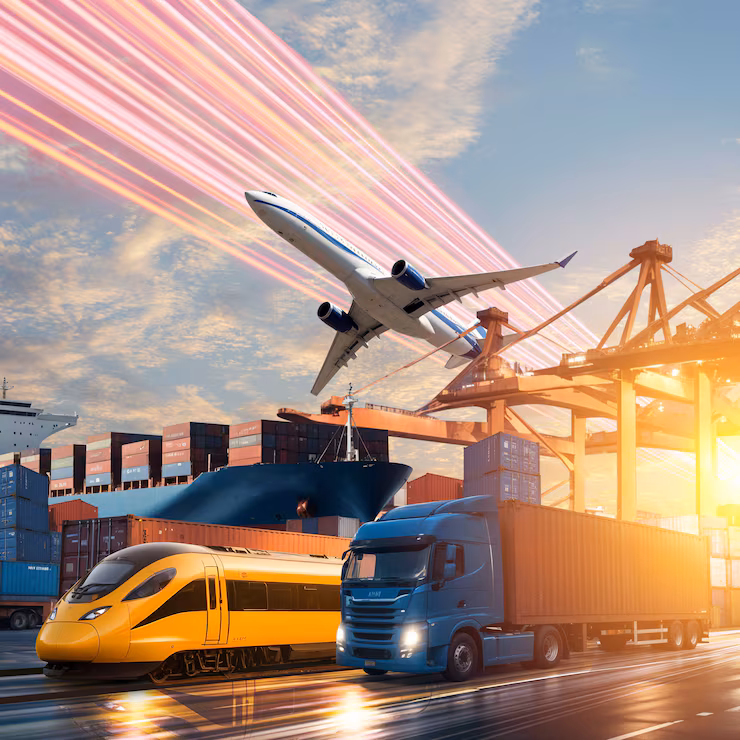 A collage of road, rail, sea and air freight transport
