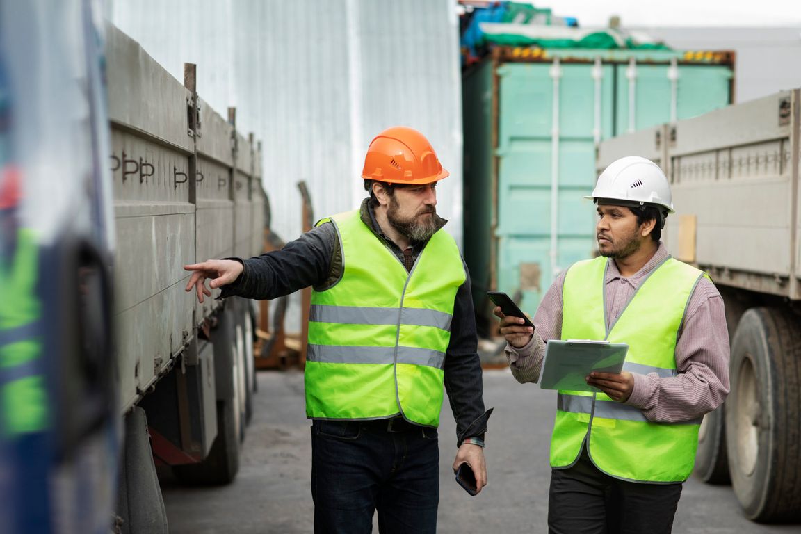 Two men inspecting a delivery truck