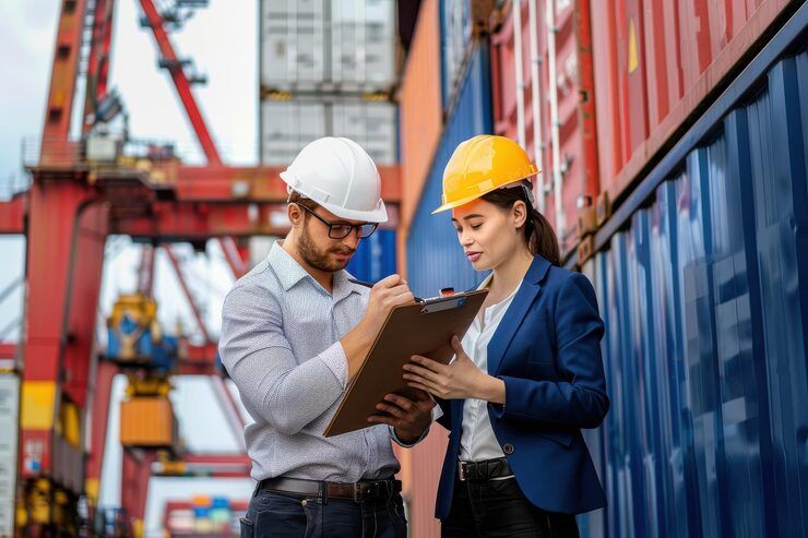 A shipping inspector and a colleague reviewing a clipboard on a commercial dock