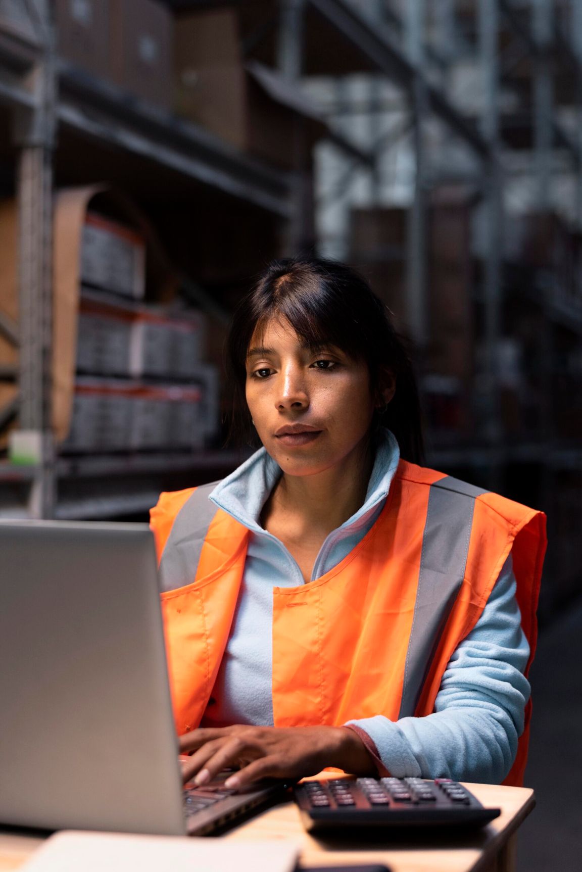 A woman working in a warehouse aisle